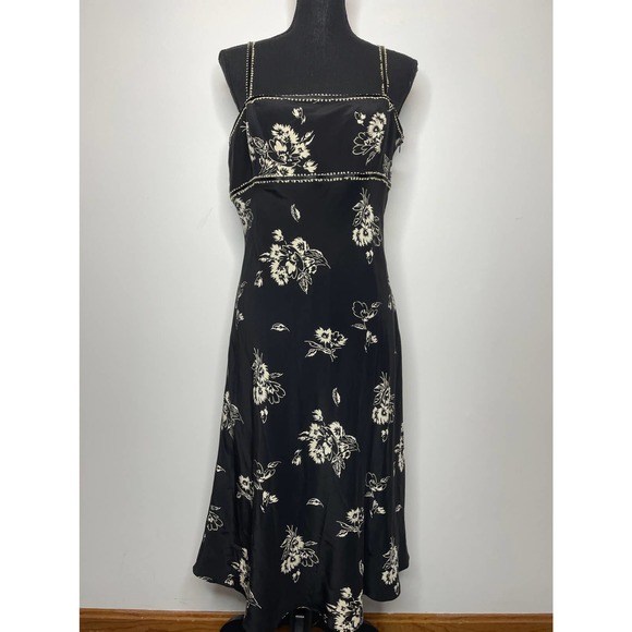 Maggy London Dresses & Skirts - Maggy London Dress 10 Black 100% Silk Floral Square Neck Sleeveless Midi Zip